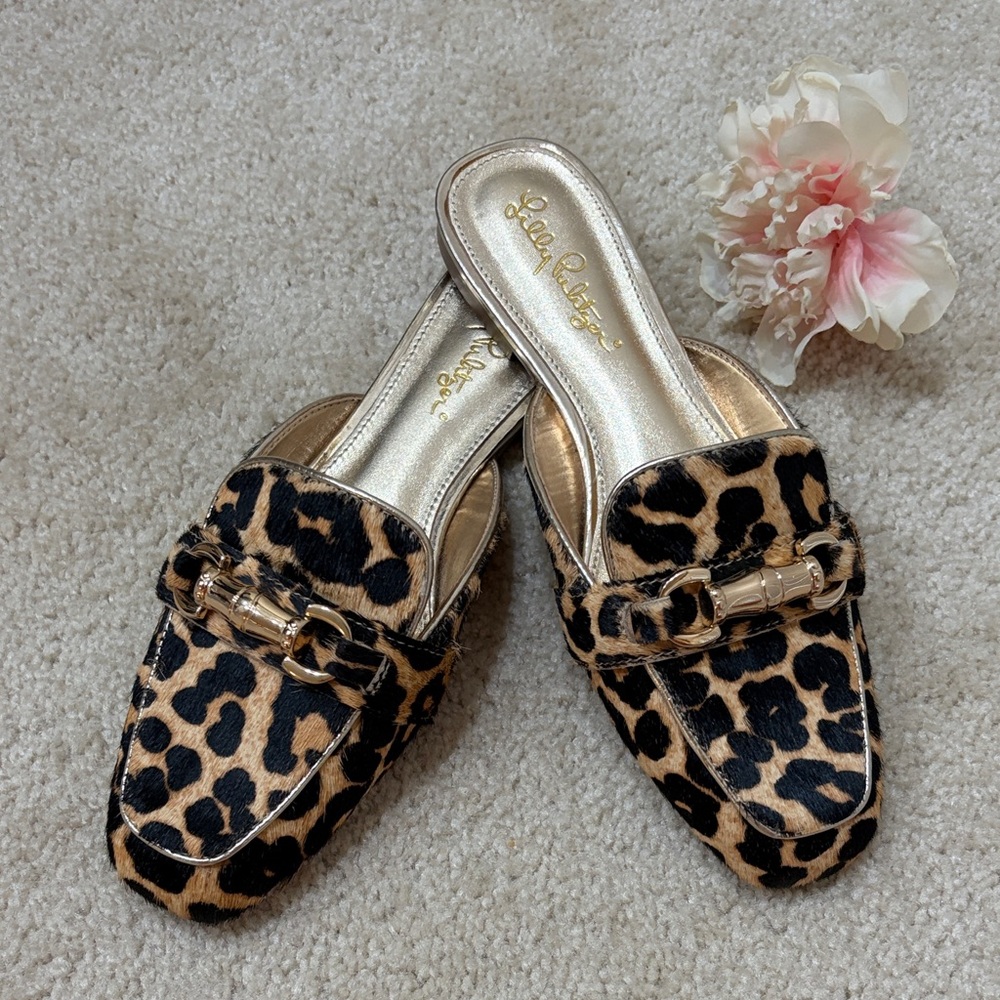 Lilly Pulitzer Leopard Print Slide Mules with Gold trim, 6.5